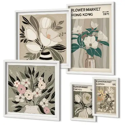 Set di 5 quadri con motivo fiera dei fiori in stile retrò vintage