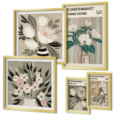 Set di 5 quadri con motivo fiera dei fiori in stile retrò vintage