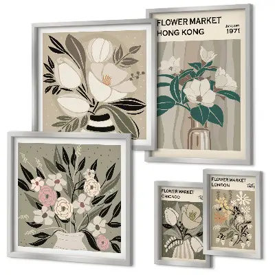 Set di 5 quadri con motivo fiera dei fiori in stile retrò vintage