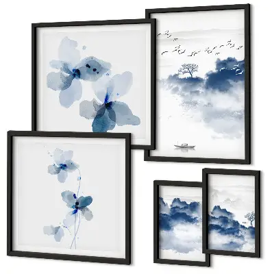 Set di 5 quadri con paesaggio di fiori e acqua in stile pace