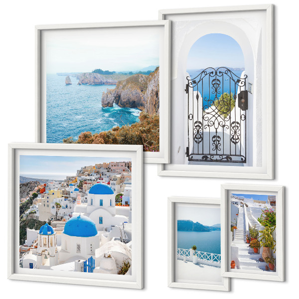 Polittico con cornice case sul mare blu di Santorini