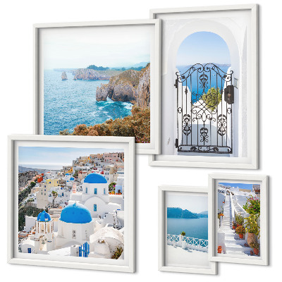 Polittico con cornice case sul mare blu di Santorini