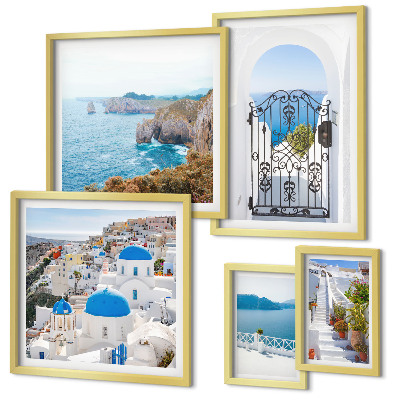 Polittico con cornice case sul mare blu di Santorini