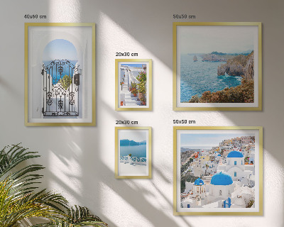 Polittico con cornice case sul mare blu di Santorini
