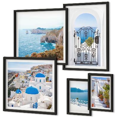 Polittico con cornice case sul mare blu di Santorini