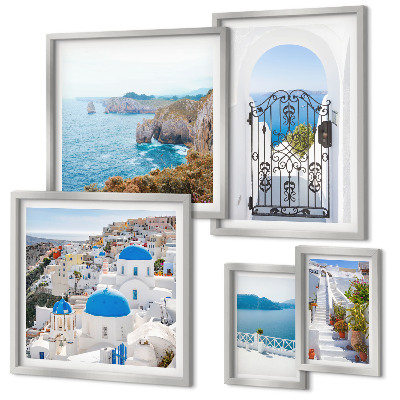 Polittico con cornice case sul mare blu di Santorini