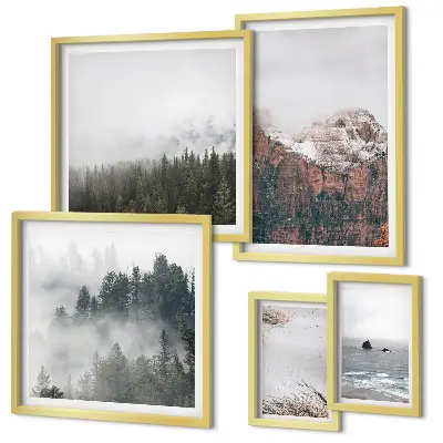 Polittico con cornice raffigurante paesaggi di montagne, foreste e nuvole