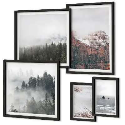 Polittico con cornice raffigurante paesaggi di montagne, foreste e nuvole