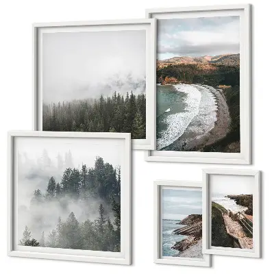 Set di 5 quadri con paesaggi costieri e foreste di montagna