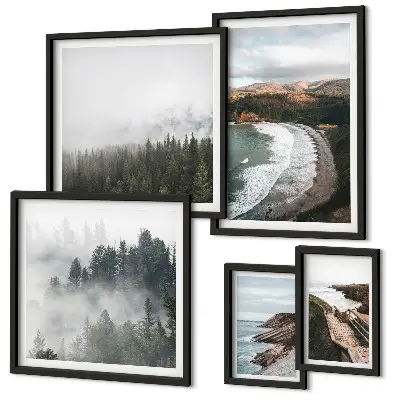Set di 5 quadri con paesaggi costieri e foreste di montagna