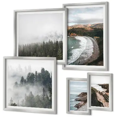 Set di 5 quadri con paesaggi costieri e foreste di montagna