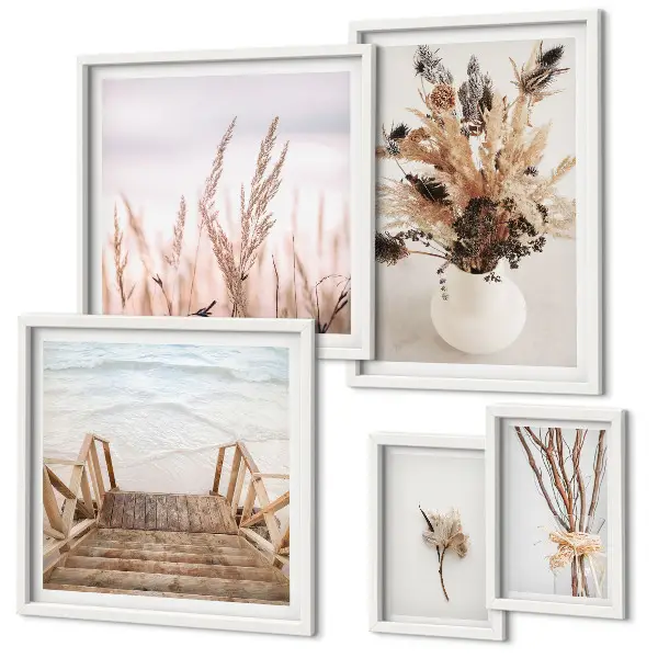 Polittico con cornice con stampa di eleganti piante secche e acqua
