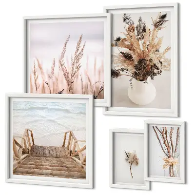 Polittico con cornice con stampa di eleganti piante secche e acqua