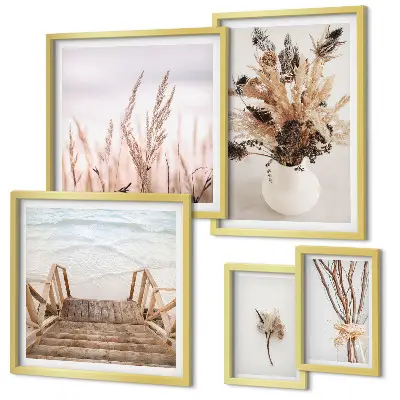 Polittico con cornice con stampa di eleganti piante secche e acqua