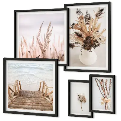 Polittico con cornice con stampa di eleganti piante secche e acqua