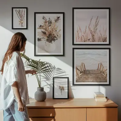 Polittico con cornice con stampa di eleganti piante secche e acqua
