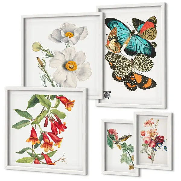 Polittico con cornice decorazione vintage con fiori, farfalle e uccelli