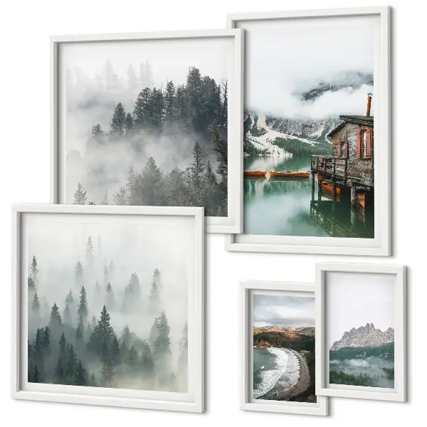 Set di 5 quadri con paesaggi montani, casette e acqua