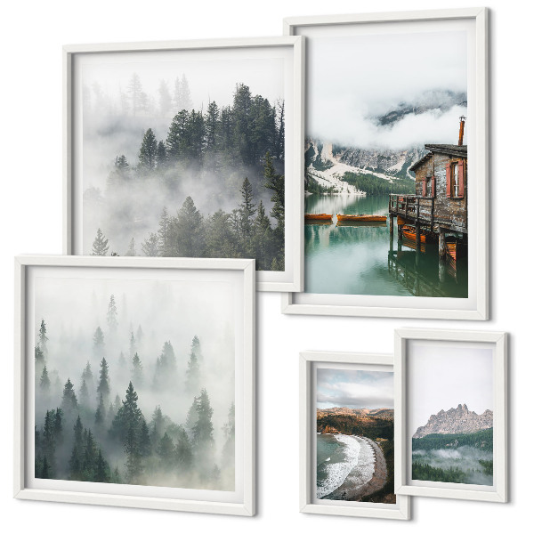 Set di 5 quadri Paesaggi montani, casette, acqua