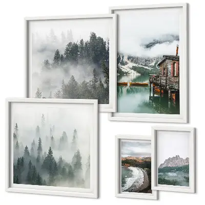 Set di 5 quadri con paesaggi montani, casette e acqua