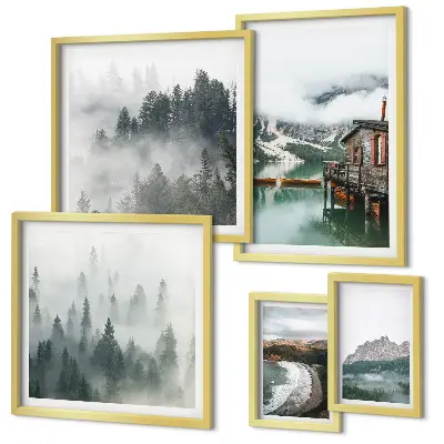 Set di 5 quadri con paesaggi montani, casette e acqua