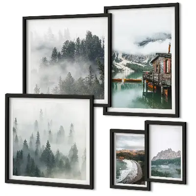 Set di 5 quadri con paesaggi montani, casette e acqua