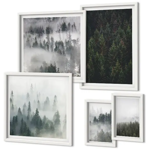 Set di quadri incorniciati con paesaggio di foreste verdi e nebbia