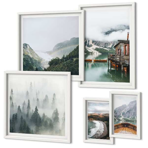 Polittico con cornice Paesaggi montani, case, acqua