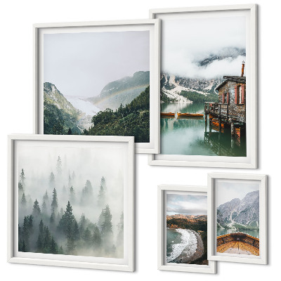 Polittico con cornice Paesaggi montani, case, acqua