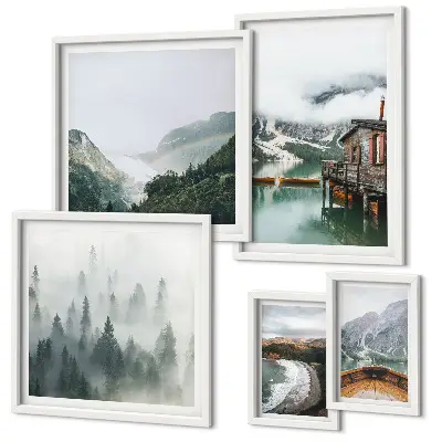Polittico con cornice paesaggi montani con case e acqua