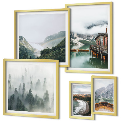 Polittico con cornice Paesaggi montani, case, acqua