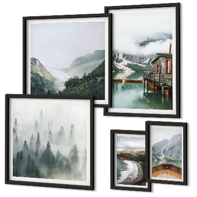 Polittico con cornice Paesaggi montani, case, acqua