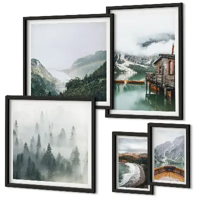 Polittico con cornice paesaggi montani con case e acqua