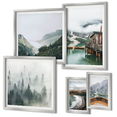 Polittico con cornice Paesaggi montani, case, acqua