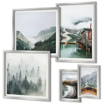 Polittico con cornice paesaggi montani con case e acqua