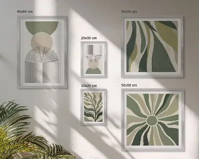 Set di 5 quadri decorazione con eleganti astrazioni e elementi vegetali