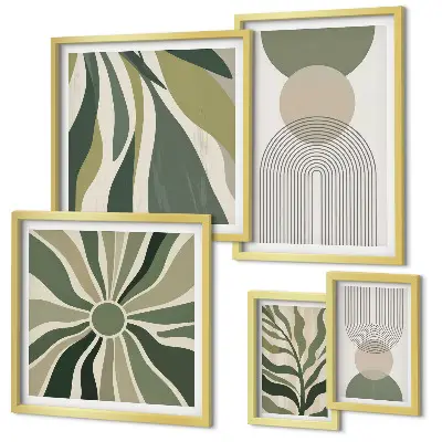 Set di 5 quadri decorazione con eleganti astrazioni e elementi vegetali