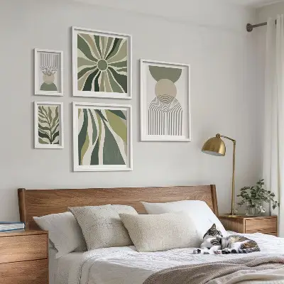 Set di 5 quadri decorazione con eleganti astrazioni e elementi vegetali