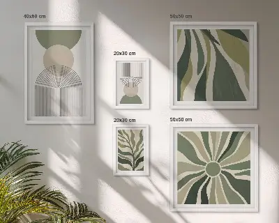 Set di 5 quadri decorazione con eleganti astrazioni e elementi vegetali