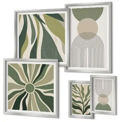 Set di 5 quadri decorazione con eleganti astrazioni e elementi vegetali