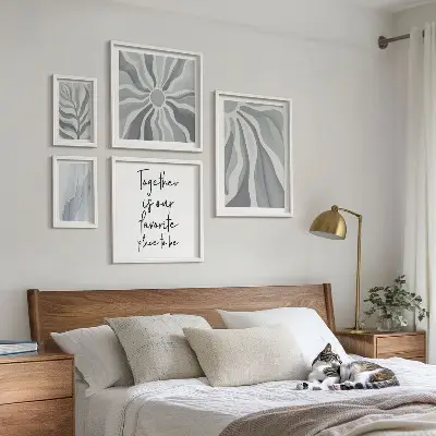Set di 5 quadri con motivi astratti grigi e bianchi