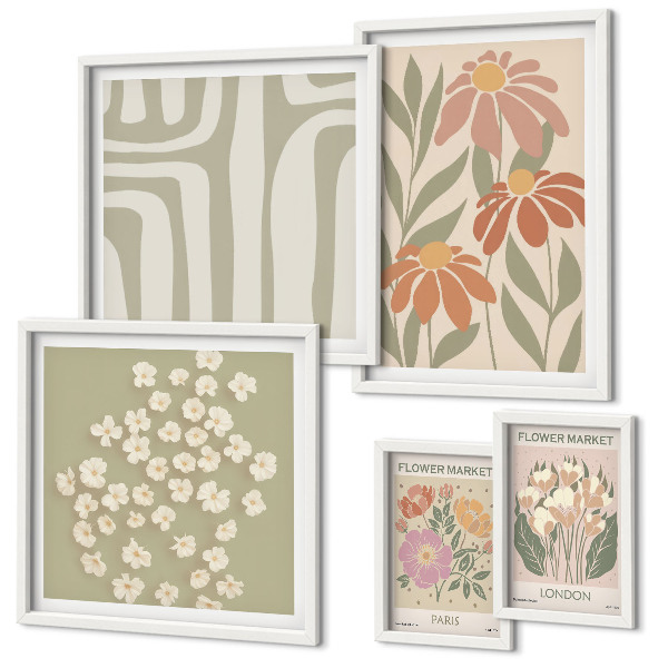 Set di 5 quadri Motivi floreali Londra Parigi boho