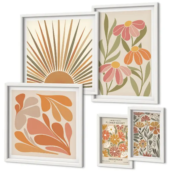 Polittico con cornice Fiori geometrici in stile boho decorazione da parete con cornice in stile boho a motivi geometrici floreali