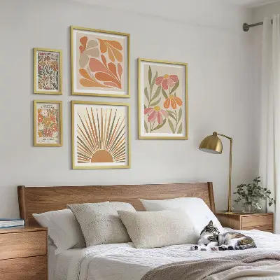 Polittico con cornice Fiori geometrici in stile boho decorazione da parete con cornice in stile boho a motivi geometrici floreali