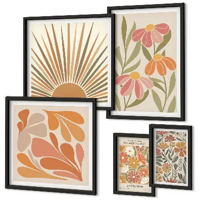 Polittico con cornice Fiori geometrici in stile boho decorazione da parete con cornice in stile boho a motivi geometrici floreali