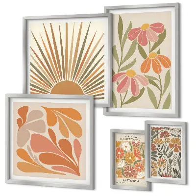 Polittico con cornice Fiori geometrici in stile boho decorazione da parete con cornice in stile boho a motivi geometrici floreali
