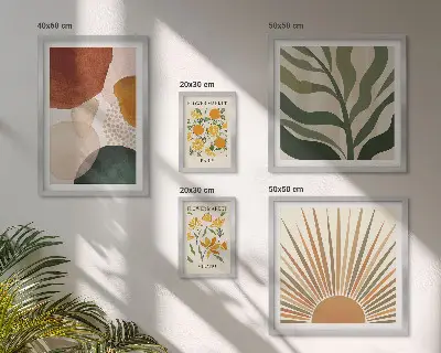 Set di 5 quadri con grafica vegetale ed elementi geometrici eleganti