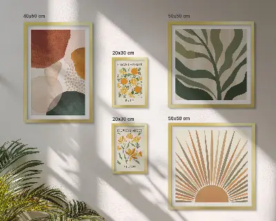 Set di 5 quadri con grafica vegetale ed elementi geometrici eleganti