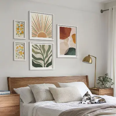 Set di 5 quadri con grafica vegetale ed elementi geometrici eleganti