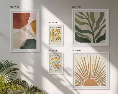 Set di 5 quadri con grafica vegetale ed elementi geometrici eleganti